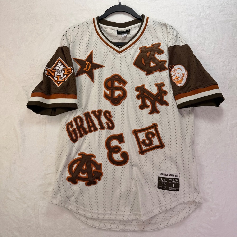 Ebbets Field Flannels Negro League Baseball Jersey Patch White Brown Mens L